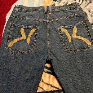 Karl Kani Vintage Blue Denim Mens Bootcut Jeans with Gold Embroidery Size 34/34